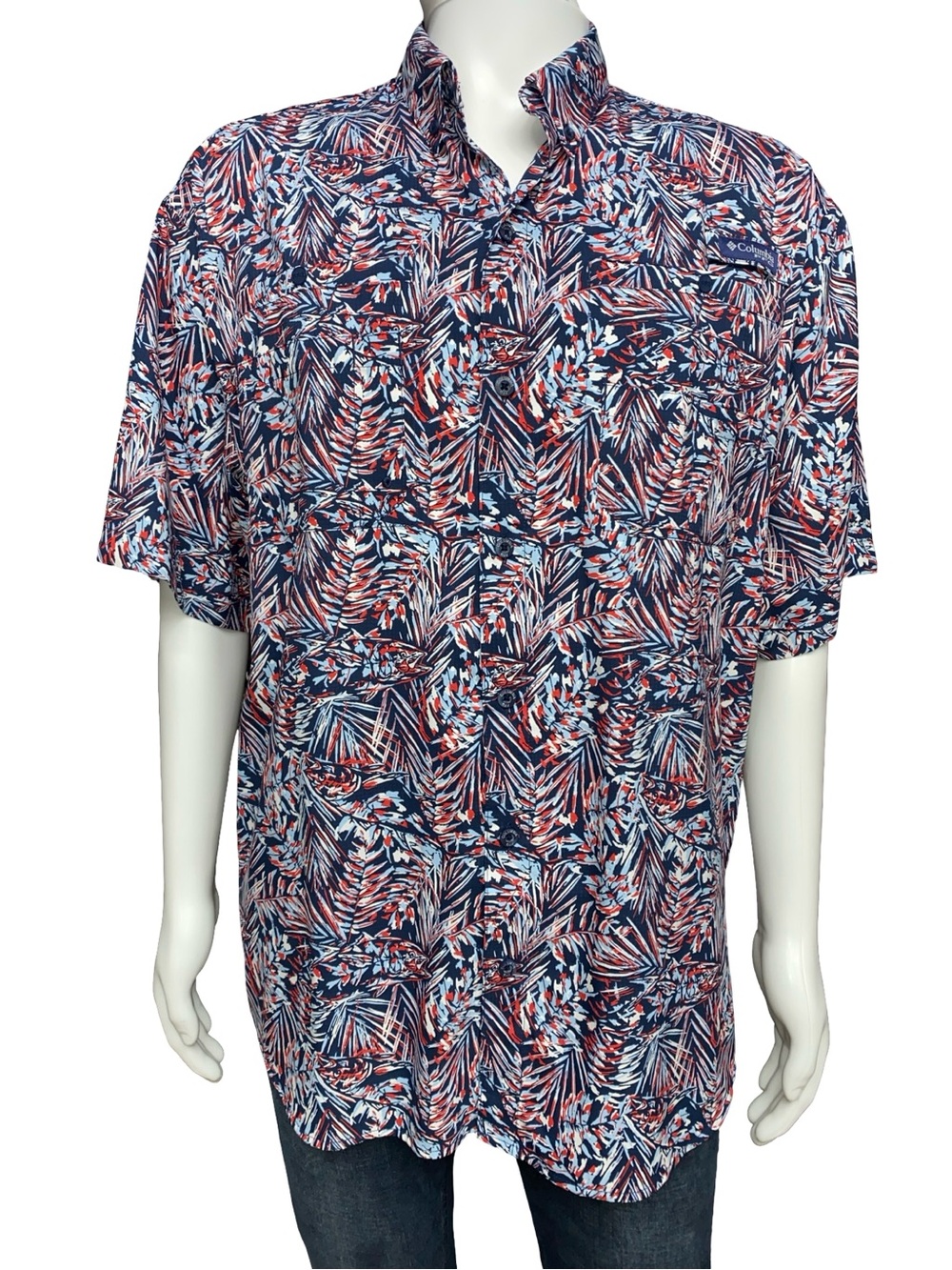 Columbia PFG Super Tamiami Shirt Men’s Large Fish Print Red White Blue Fishing